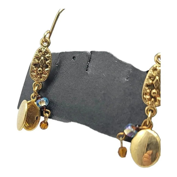 Darlene Group Locket Dangle Earrings Blue Amber Crystal Bead Gold Tone Vintage - Picture 2 of 4